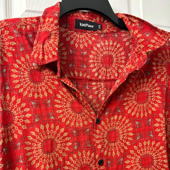 VatPave Red Geometric Print Button-Up Shirt | Boho Festival Short Sleeve - Picture 2 of 6